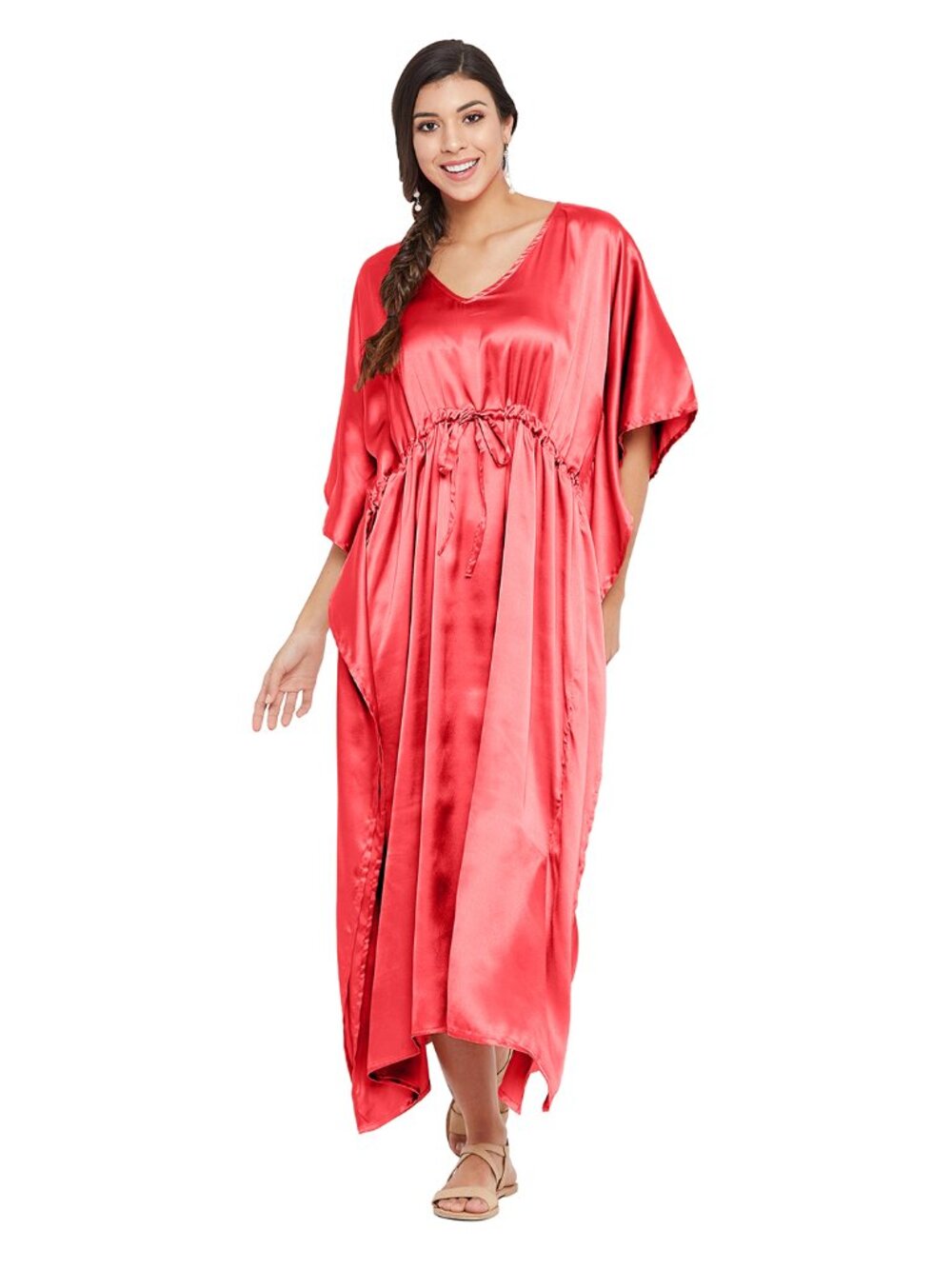 Plus Size Coral Pink Satin V-Neck Drawstring Waist Kimono Kaftan Dress